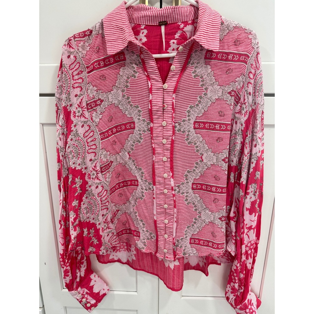 Free People Pink Floral Striped Button Up Shirt Blouse Top Women's Size Small